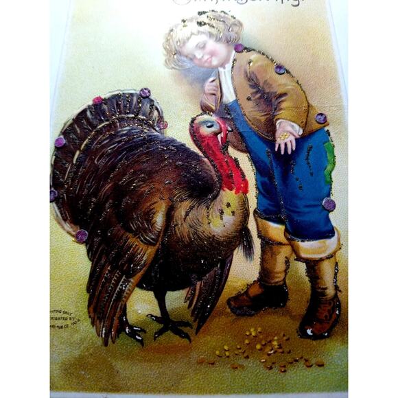 Thanksgiving Postcard Ellen Clapsaddle Mica Glitter Embossed Turkey Child German - Picture 2 of 3